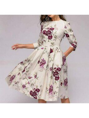 Women's Floral Vintage Dress Elegant Midi Evening Dress 3/4 Sleeves